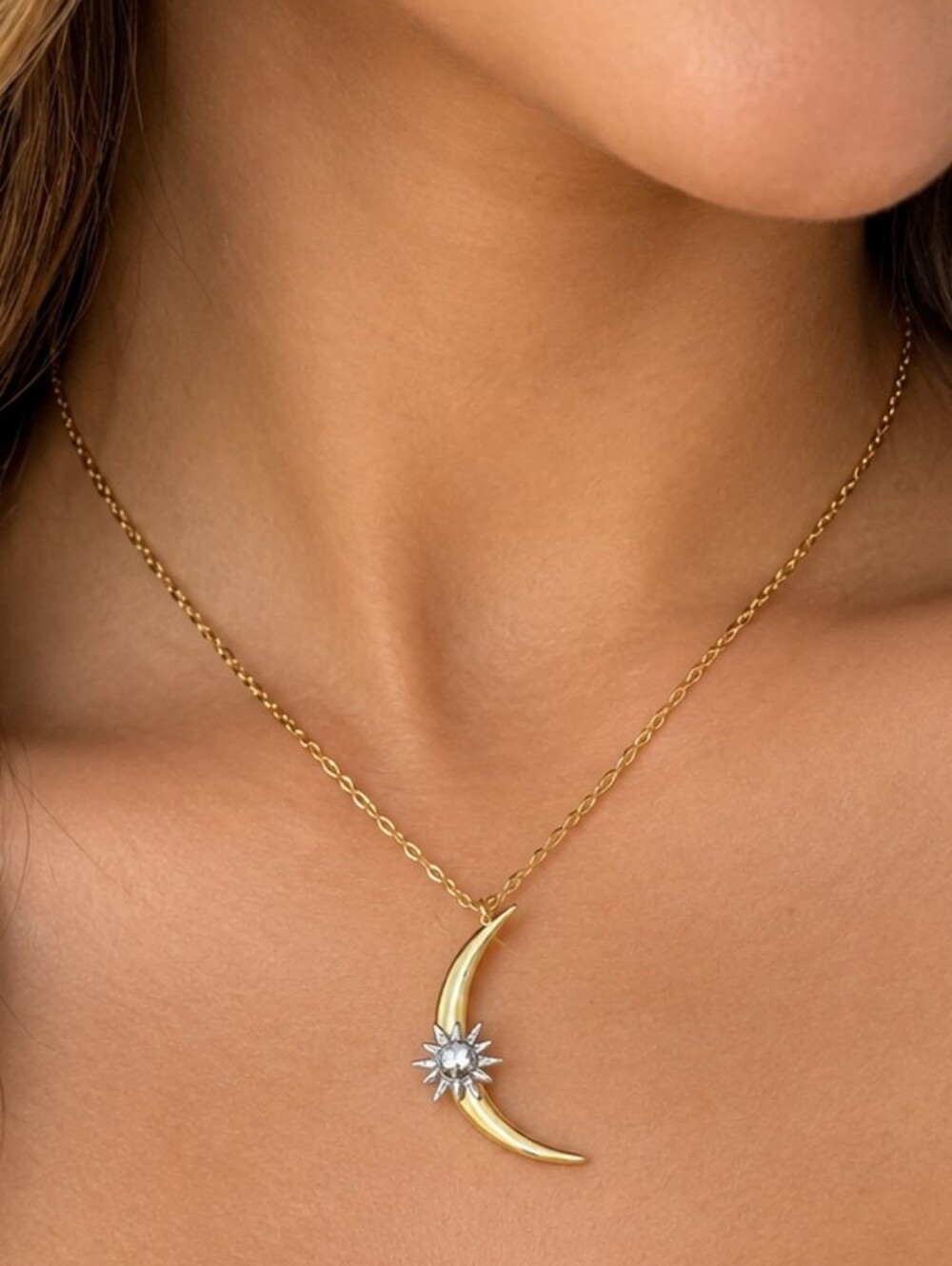 Gold Crescent Moon Sunburst Celestial Pendant Necklace